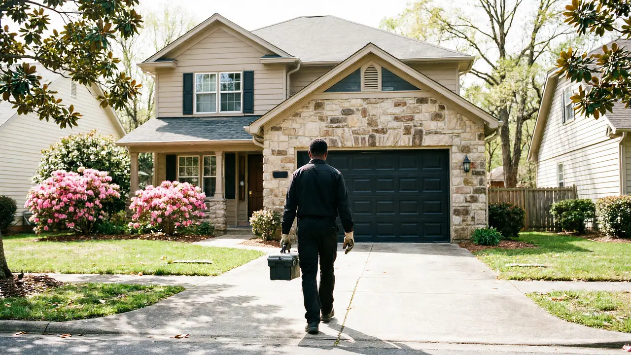 A technician walks up a driveway toward a house with a black garage door.