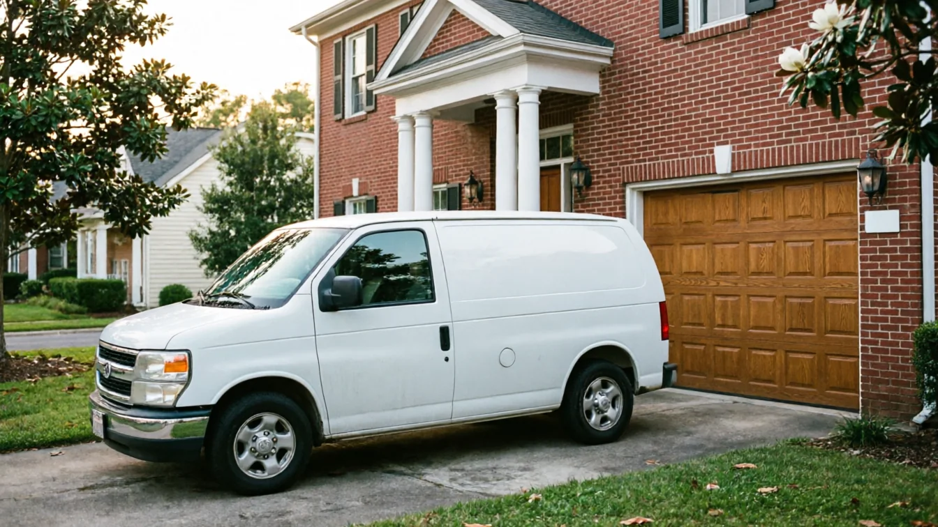 A white service van is parked in a driveway in front of a brick house with a wooden garage door.