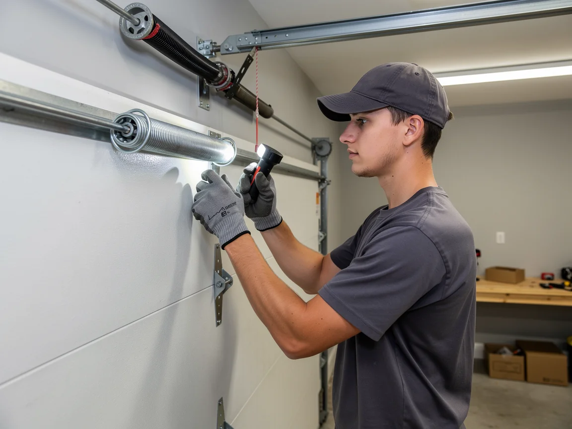 A technician in a gray cap and gloves inspects a garage door spring with a flashlight.