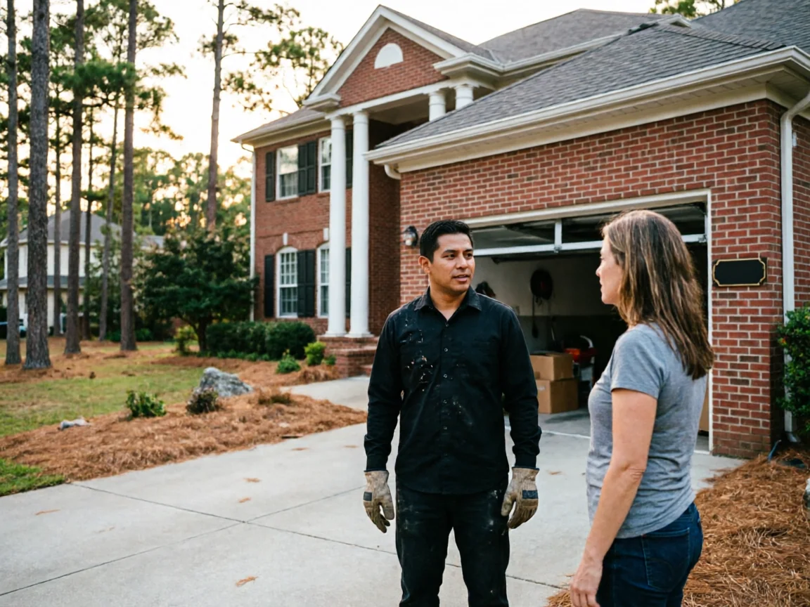 A technician in work gloves talks to a woman in front of a brick house.