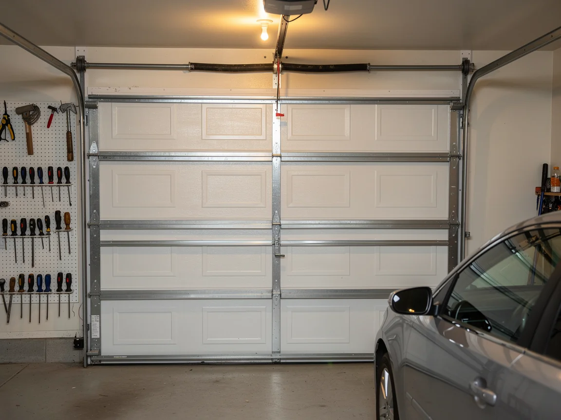 A white garage door is closed with a torsion spring above it.