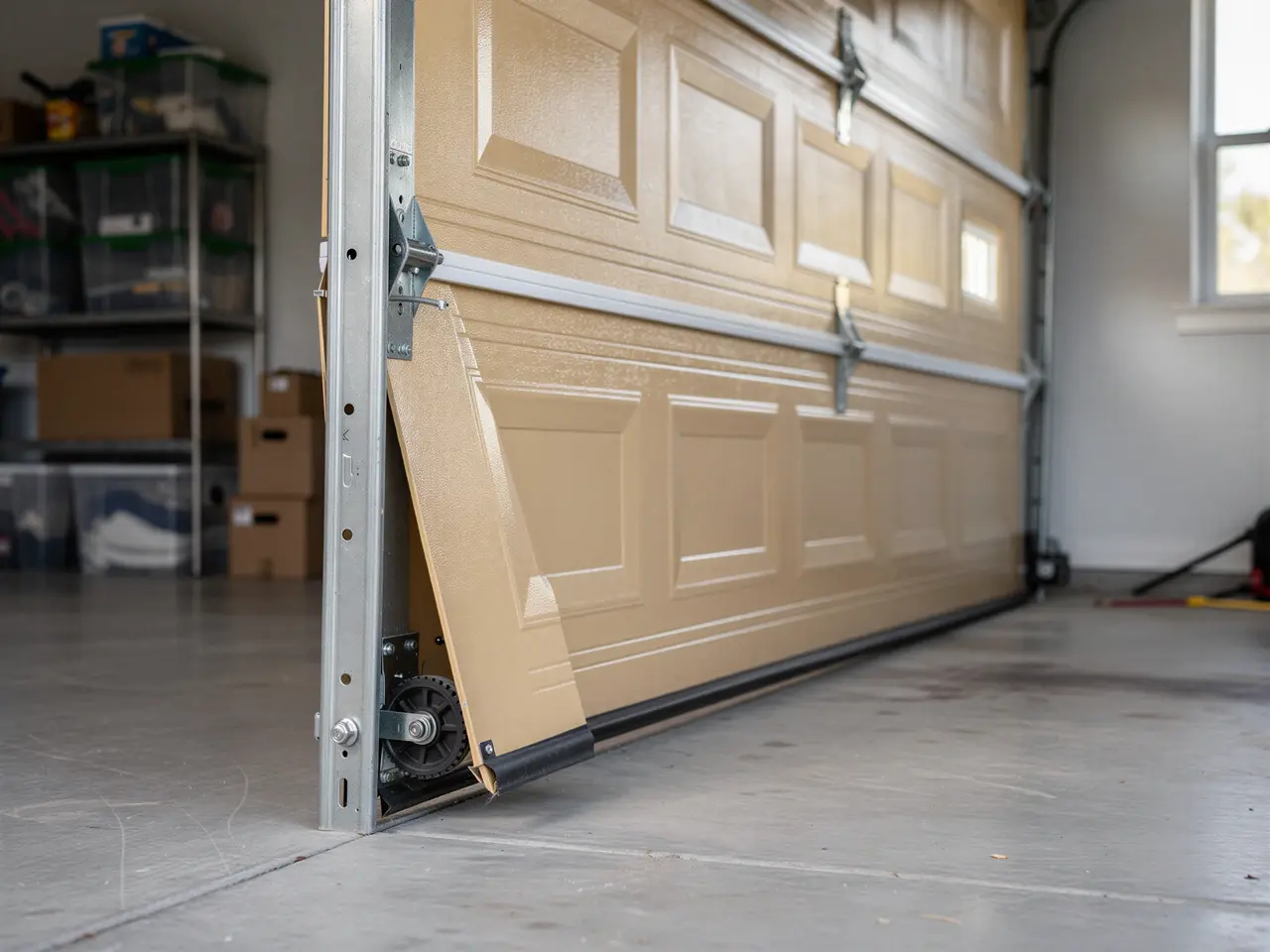 A tan garage door is off its track and leaning inward.