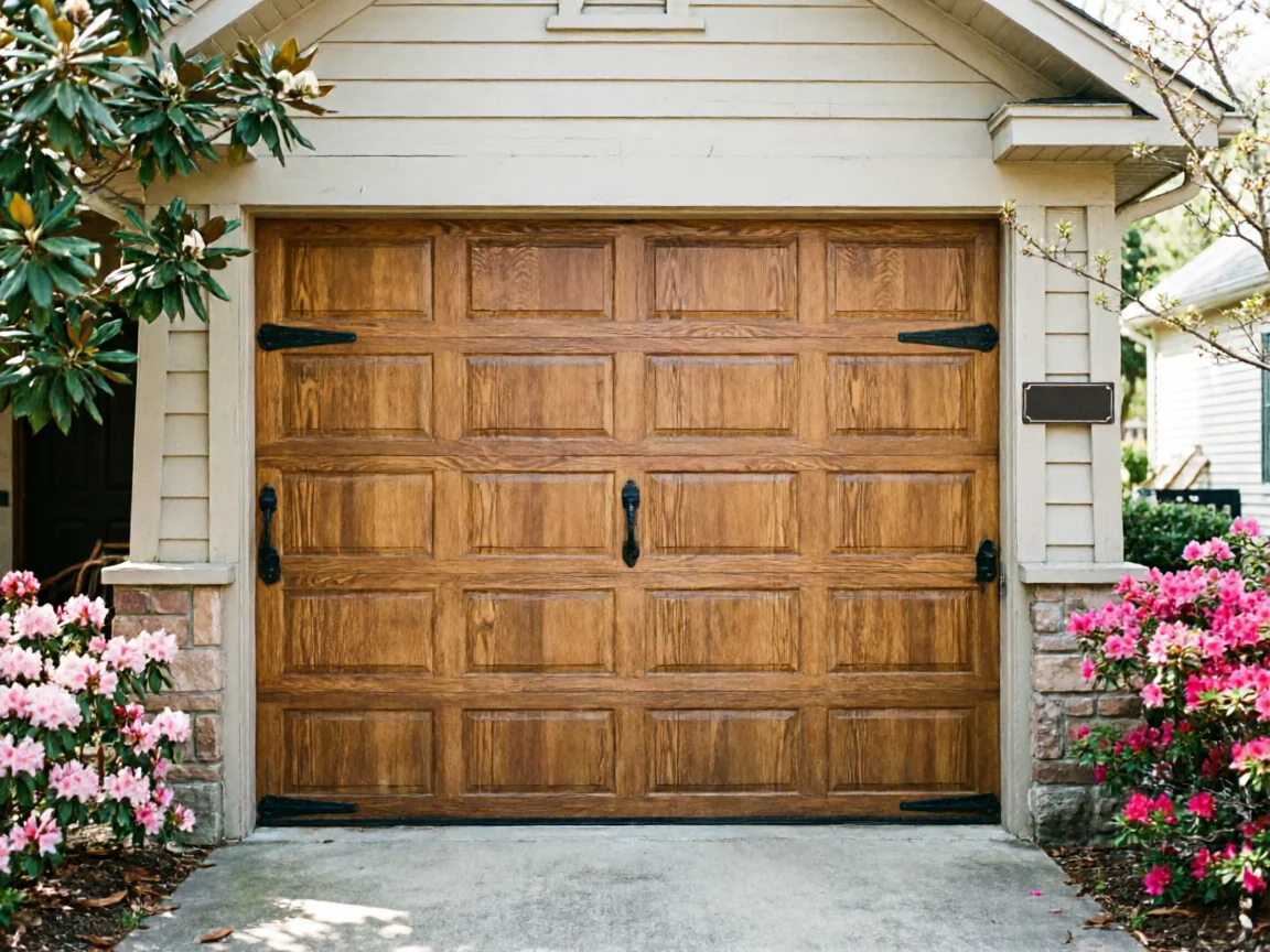 A brown wooden garage door with black decorative hardware is surrounded by pink flowers.